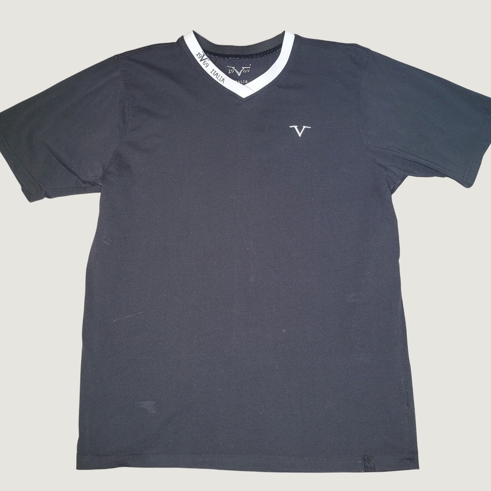 V1969 Italia Milano Italia Mens Black V-Neck Short Sleeve Logo T-Shirt Large